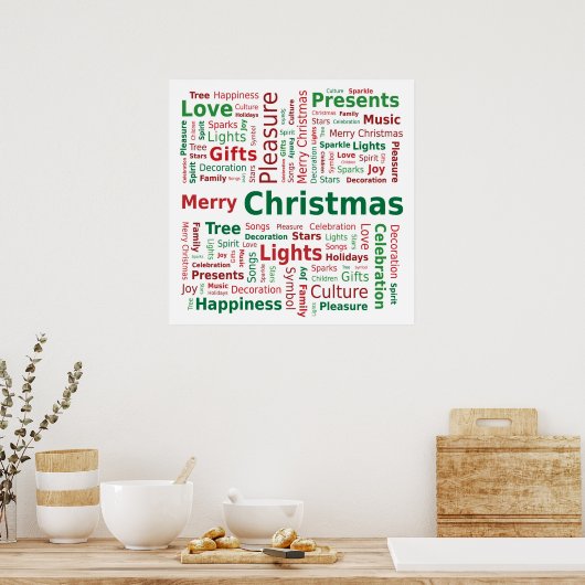 Vrolijk kerstwoord Cloud in groene rode kleuren Poster (Keuken)