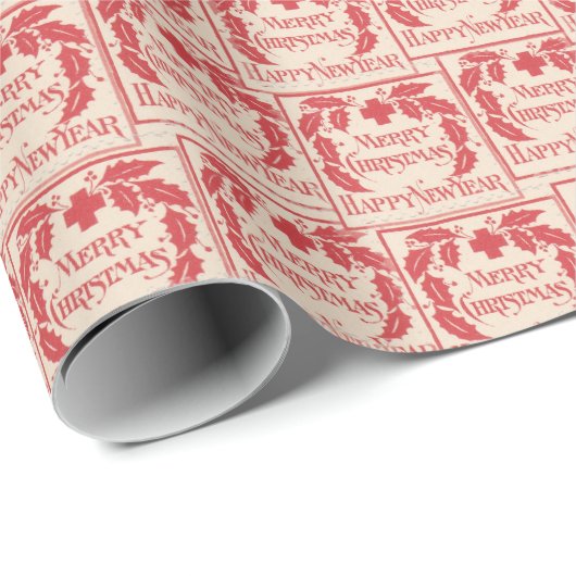  Vrolijk Kerstzegel Rode Collage Ephemera Cadeaupapier (Rol Hoek)