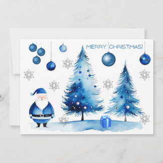Vrolijk kerstzilver & blauw Japandi Waterverf Feestdagenkaart