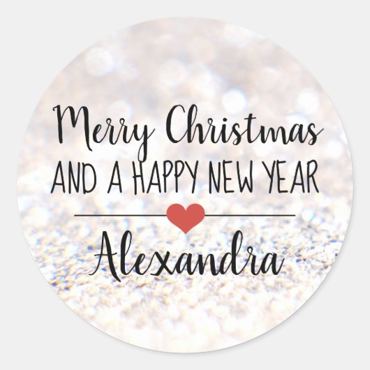 Vrolijk kerstzilver glitter naam sticker (Voorkant)