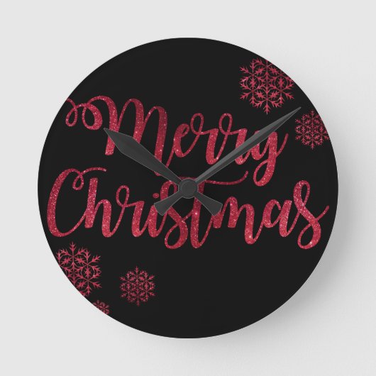 Vrolijk kerstzwart en rood Snowflake Typografie Ronde Klok (Voorkant)