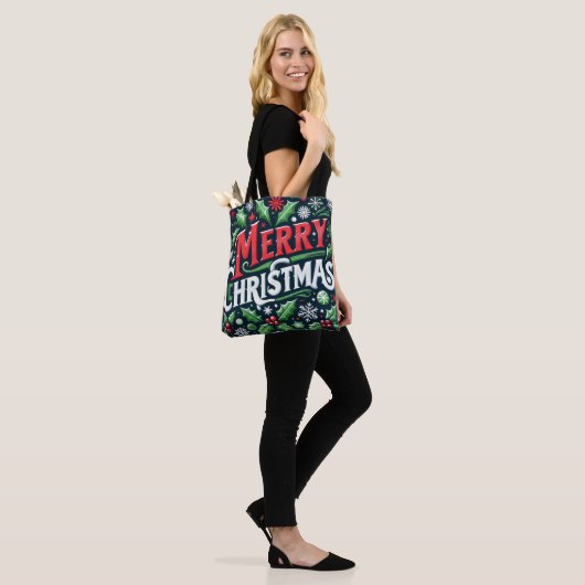 Vrolijk kerstzwart tote bag (Op model)