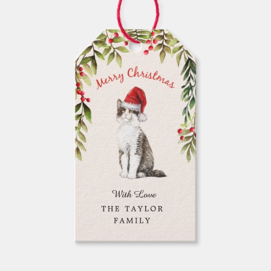 Vrolijk kerstzwart-witte kat met kleppen cadeaulabel (Voorkant)