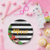 Vrolijk kerstzwart witte strepen rode dennenaaltje papieren bordje (Feest)