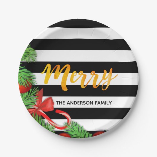 Vrolijk kerstzwart witte strepen rode dennenaaltje papieren bordje (Voorkant)