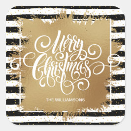 Vrolijk kerstzwart-witte strepen vierkante sticker