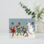 Vrolijk kinder lopen met sneeuwman,  vakantie briefkaart (Staand voorkant)