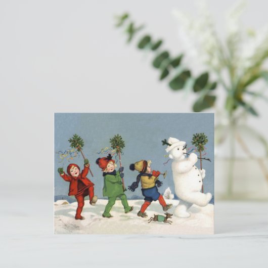 Vrolijk kinder lopen met sneeuwman,  vakantie briefkaart (Staand voorkant)