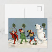 Vrolijk kinder lopen met sneeuwman,  vakantie briefkaart (Voorkant / Achterkant)