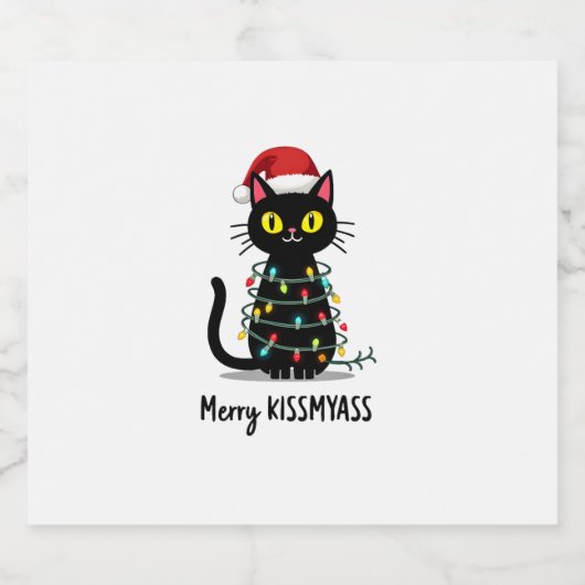 Vrolijk kissmyass grappige kat kerstverlichting Pr Sparkling Wijnetiket (Enkel label)