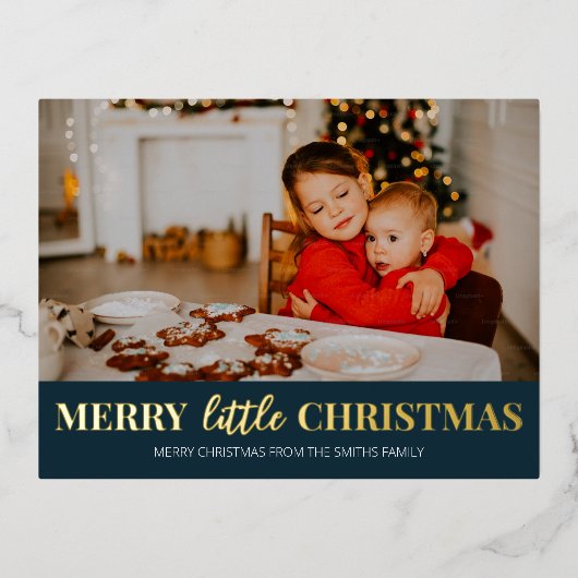 Vrolijk klein kerst blauw goud moderne foto folie feestdagen briefkaart (Voorkant)