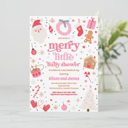 Vrolijk klein kerstBaby shower rood en roze Kaart (Staand voorkant)