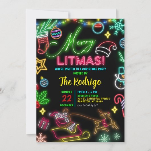 Vrolijk klein kerstfeest Neon Santa Holiday Party Kaart (Voorkant)