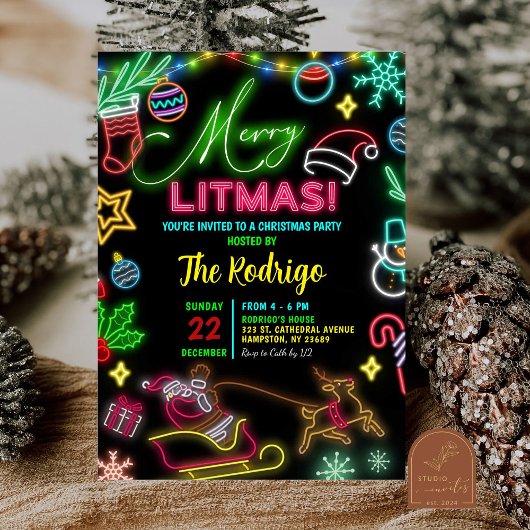 Vrolijk klein kerstfeest Neon Santa Holiday Party Kaart