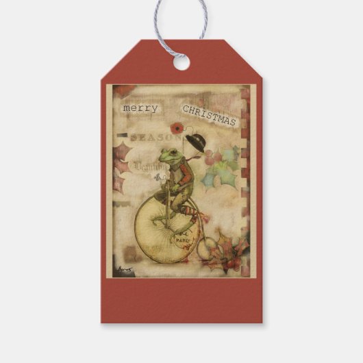  Vrolijk klein Kerstmiskikker op Fiets Cadeaulabel (Voorkant)