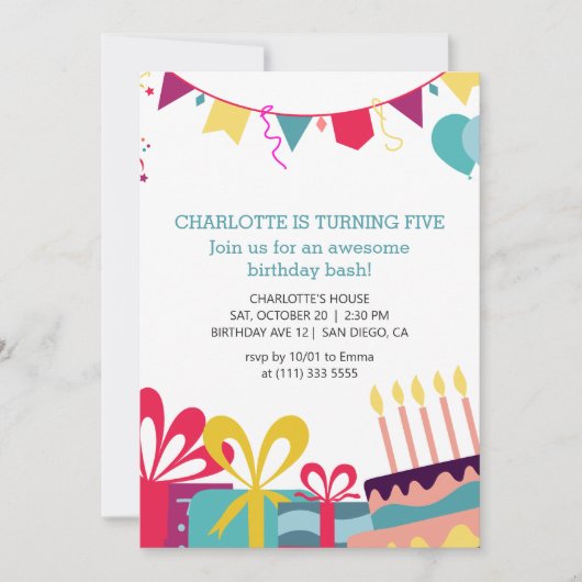 Vrolijk kleurrijk gepersonaliseerd verjaardagsfees kaart (Voorkant)