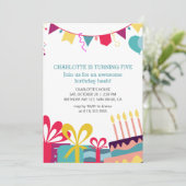 Vrolijk kleurrijk gepersonaliseerd verjaardagsfees kaart (Staand voorkant)