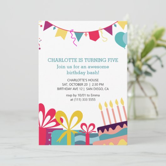 Vrolijk kleurrijk gepersonaliseerd verjaardagsfees kaart (Staand voorkant)