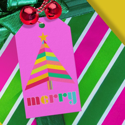 Vrolijk Kleurrijke Gestreepte Kerstboom helder gro Cadeaulabel