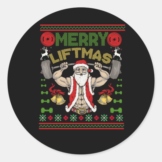 Vrolijk Liftmas Kerstmis Santa Gym Fitness Gewicht Ronde Sticker (Voorkant)