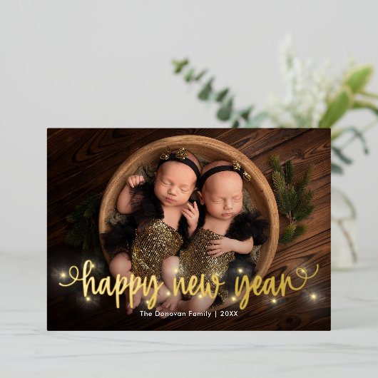 Vrolijk Lit FOIL Gelukkig Nieuwjaar Vakantiekaart Folie Feestdagenkaart (Staand Voorkant)