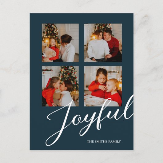 Vrolijk Modern Minimalistisch Blauw Script 4 Foto Feestdagenkaart (Voorkant)