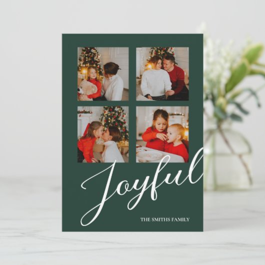 Vrolijk Modern Minimalistisch Groen Script 4 Foto Feestdagenkaart (Staand voorkant)