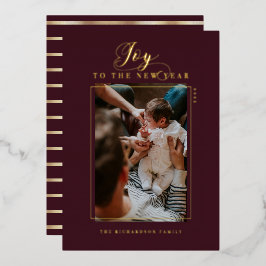 Vrolijk Nieuwjaar Elegant Schrift Foto & Strepen Folie Feestdagenkaart