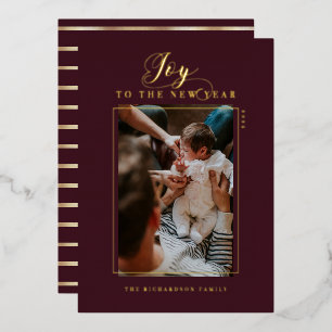 Vrolijk Nieuwjaar Elegant Schrift Foto & Strepen Folie Feestdagenkaart