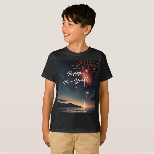 Vrolijk Nieuwjaar Fireworks Script Typografie Kind T-shirt (Voorkant volledig)