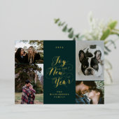 Vrolijk Nieuwjaar | Vier foto elegante script Folie Feestdagenkaart (Staand Voorkant)