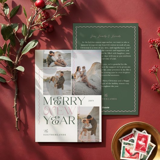 Vrolijk Nieuwjaar Wavy Modern Minimal 4 Photo Coll Feestdagenkaart