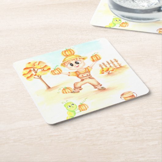 Vrolijk oogsten kleine gemberjongen kartonnen onderzetters (Schuin)