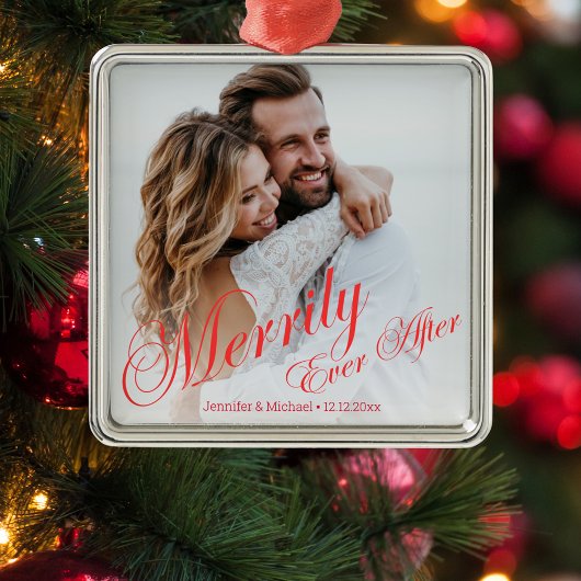 vrolijk ooit na pasgetrouwden foto rood chic metalen ornament