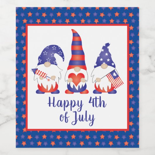 Vrolijk op 4 juli Gnomes Red White Blue Wijn Etiket (Enkel label)