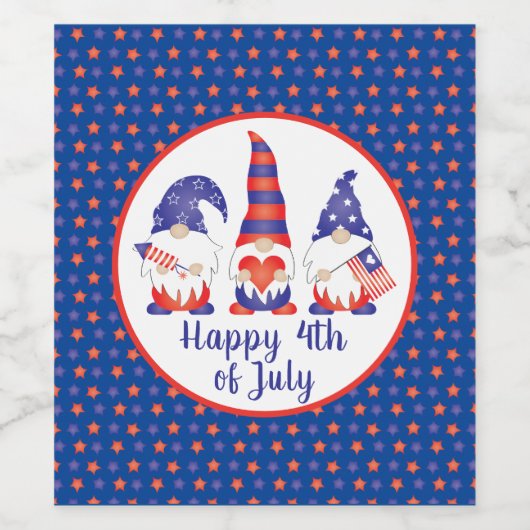 Vrolijk op 4 juli Gnomes Red White Blue Wijn Etiket (Enkel label)