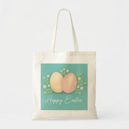 Vrolijk paaseieren en bloemen zacht blauw tote bag
