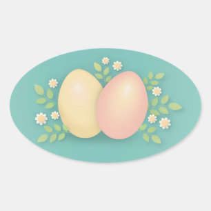 Vrolijk paaseieren en bloemen zacht roze geel ovale sticker