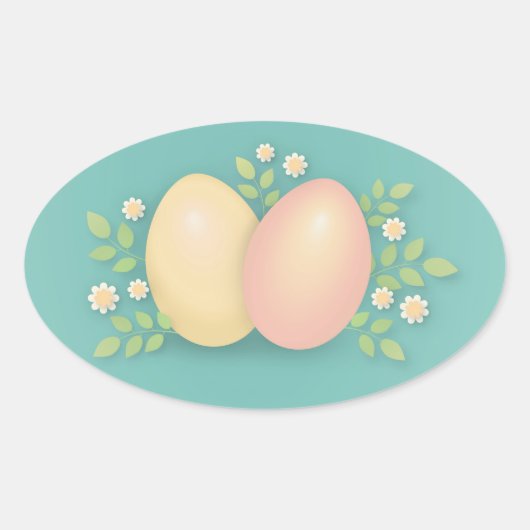 Vrolijk paaseieren en bloemen zacht roze geel ovale sticker (Voorkant)