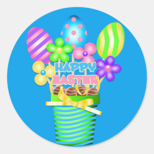 Vrolijk paasmandje met gekleurde eieren ronde sticker