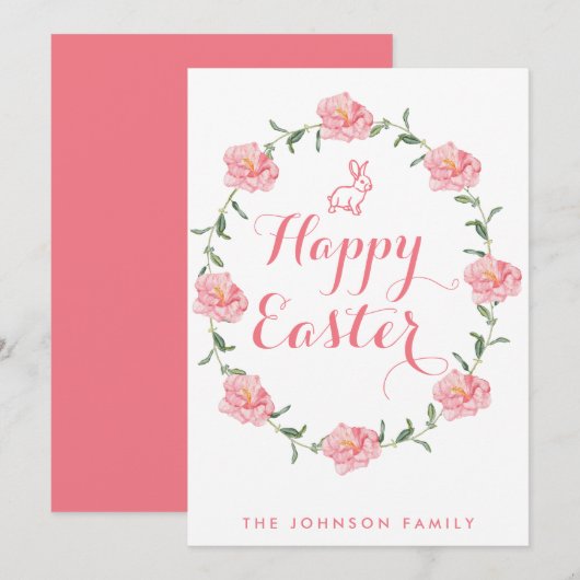 Vrolijk paastje Kaarten roze Bunny en Wreate (Voorkant / Achterkant)