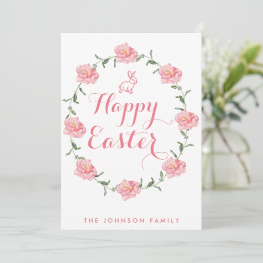 Vrolijk paastje Kaarten roze Bunny en Wreate (Staand voorkant)