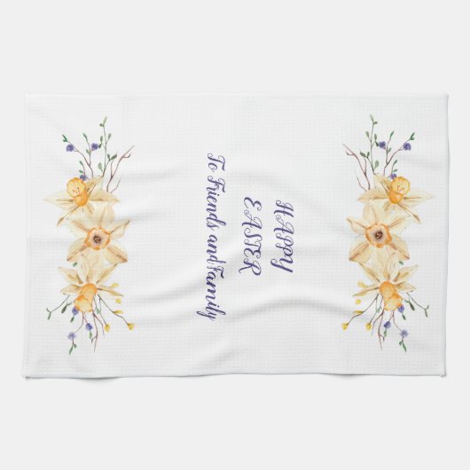 Vrolijk paasvrienden en familiedaffodis theedoek (Horizontaal)