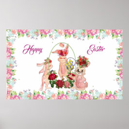 Vrolijk Pasen 3 Bunny Waterverf Roze Blauwe Floral Poster