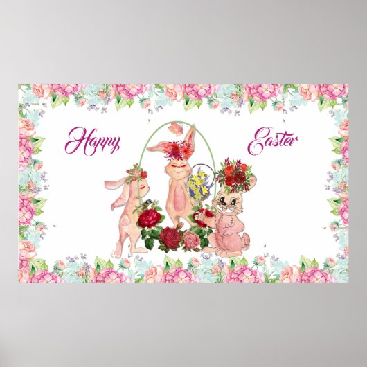 Vrolijk Pasen 3 Bunny Waterverf Roze Blauwe Floral Poster (Voorkant)