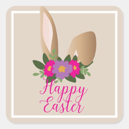 Vrolijk Pasen. Bunny Ears Floral Vierkante Sticker (Voorkant)