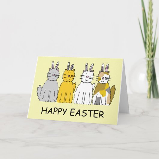 Vrolijk Pasen, Cartoon katten gekleed als Bunnies. Feestdagen Kaart (Voorkant)