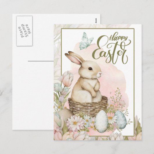 Vrolijk Pasen. Cute Bunny and Eggs Feestdagenkaart (Voorkant / Achterkant)