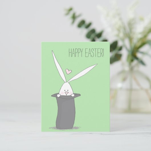 Vrolijk Pasen. Cute Bunny in a Top Hat - Green Briefkaart (Staand voorkant)