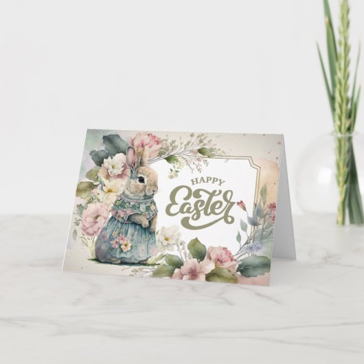 Vrolijk Pasen. Cute Old-Fashioned Bunny Feestdagen Kaart (Voorkant)